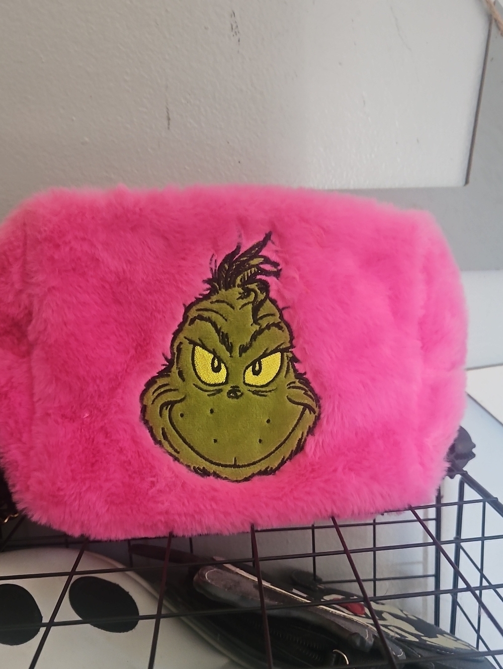 Pink Plush Make Up Bag with Grinch Face